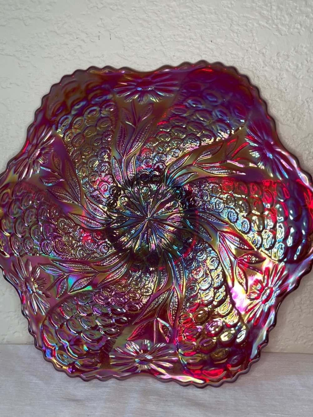 Vintage Westmoreland Ruby Carnival Glass Footed Platter – “Good Luck” Signed 9”
